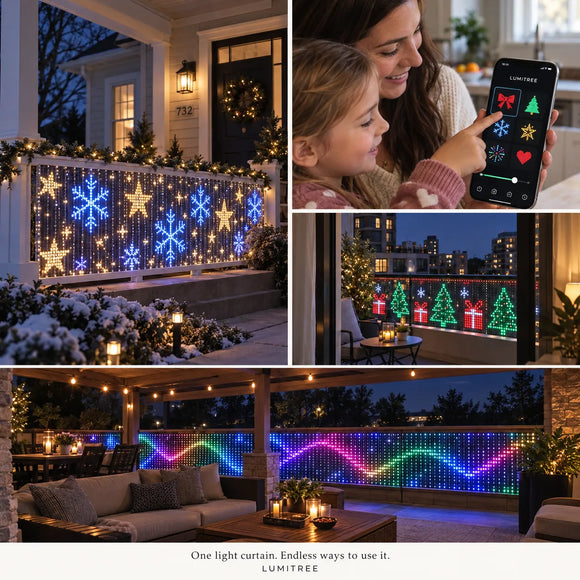 LUMITREE smart LED curtain lights installed across a balcony railing